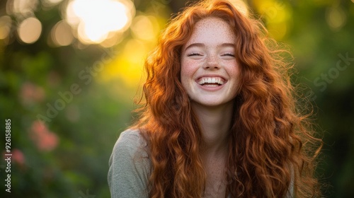 Redhead Woman Laughing in a Forest