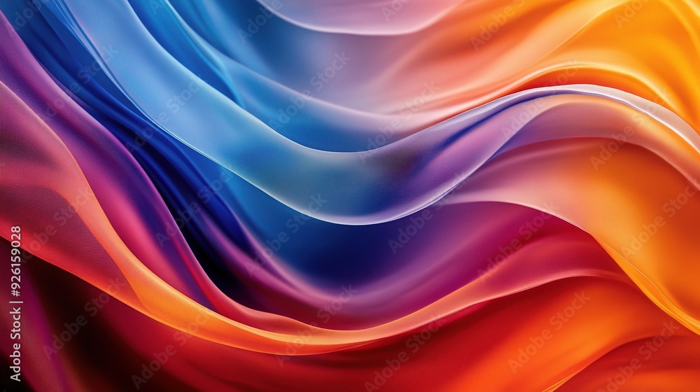 Abstract Silk Waves: A vibrant tapestry of blue, purple, and orange silk drapes in a graceful, flowing pattern, creating a mesmerizing abstract background. Abstract Silk Waves: A vibrant tapestry of blue, purple, and orange silk drapes in a graceful, flowing pattern, creating a mesmerizing abstract background.