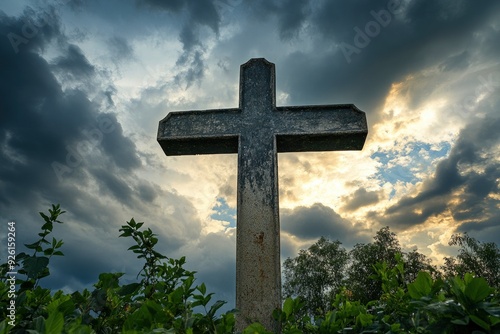 Holy cross symbolizing the death and resurrection of jesus christ with dramatic sky view , ai