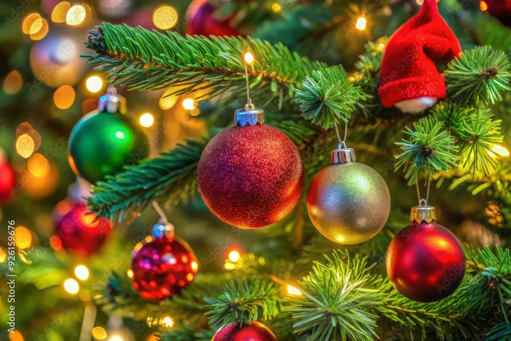Obraz premium Vibrant red and green ornaments adorn a beautifully lit Christmas tree, with a toy Santa hat hanging from a branch, evoking festive holiday cheer.