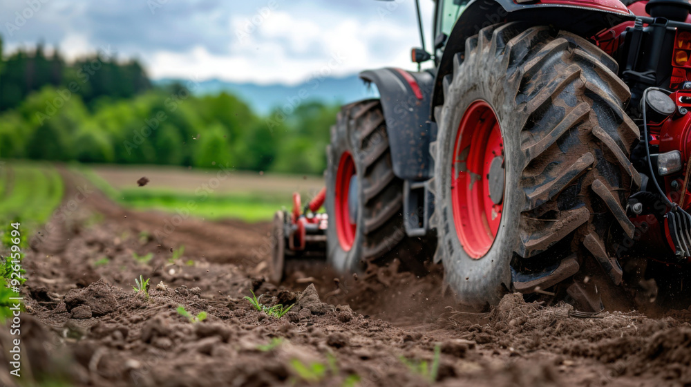 A close-up of a tractor plowing a field in a vibrant, green countryside, preparing soil for planting under cloudy skies.