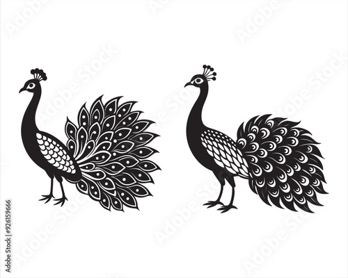 design a full view white Peacock in black and white, on white background