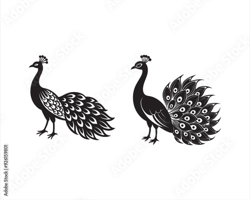 design a full view white Peacock in black and white, on white background