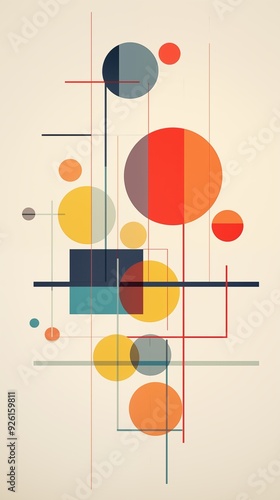 A modern abstract composition featuring various geometric shapes including circles, squares, and lines in vibrant colors like red, yellow, blue, and green against a light background.