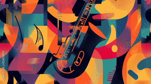 Abstract jazz illustration featuring a saxophone and vibrant colors