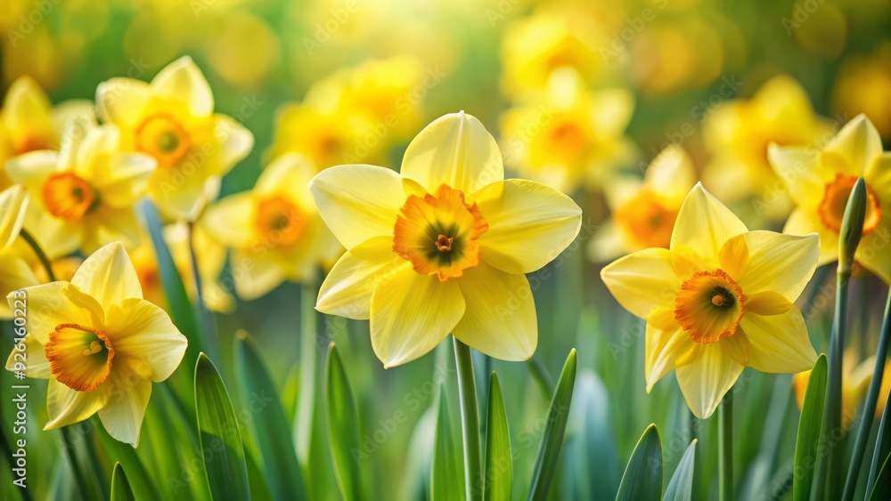 Vibrant yellow petals and delicate centers of daffodils or tulips are showcased in sharp focus against a soft, blurred green garden background. Vibrant yellow petals and delicate centers of daffodils or tulips are showcased in sharp focus against a soft, blurred green garden background.