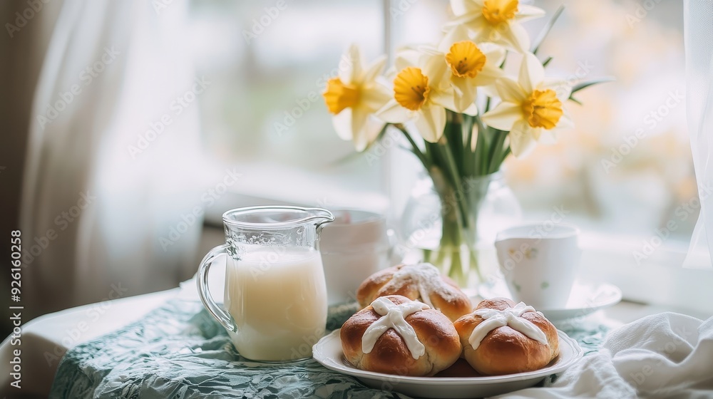 Freshly baked rolls paired with milk and bright daffodils create a warm, inviting breakfast atmosphere Freshly baked rolls paired with milk and bright daffodils create a warm, inviting breakfast atmosphere