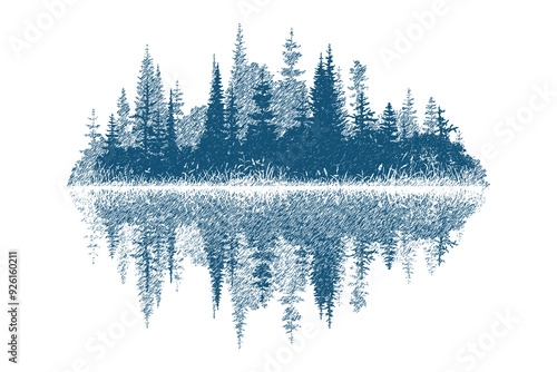 Forest reflected in the lake, vector sketch, imitation of a pencil drawing