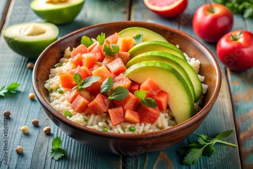 Vibrant Mexican-inspired rice bowl overflows with fresh grapefruit, crisp apple, creamy avocado, and zesty salsa, perfect for a healthy and flavorful lunch or dinner.