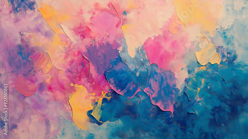 Colorful abstract painting with vibrant pink, blue, and yellow swirls on canvas