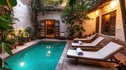 Wallpaper Mural A pool with lounge chairs and a small patio area, AI Torontodigital.ca