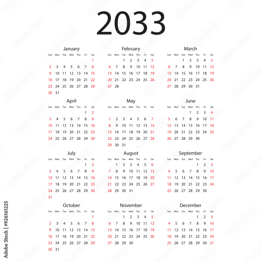 Calendar 2033 year icon in flat style. Planner vector illustration on isolated background. Calender sign business concept. Calendar 2033 year icon in flat style. Planner vector illustration on isolated background. Calender sign business concept.