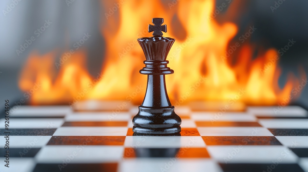 Chessboard with a king piece surrounded by flames, symbolizing fiery victory and strategic domination in a tough competition Chessboard with a king piece surrounded by flames, symbolizing fiery victory and strategic domination in a tough competition