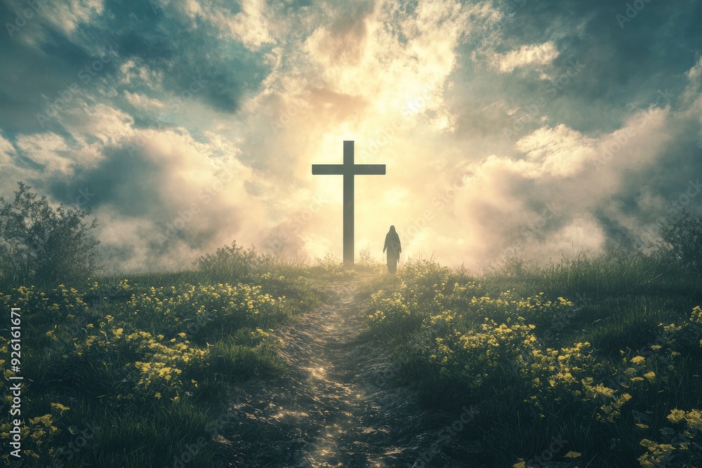 Jesus Cross Concept: way walking towards a cross , ai Jesus Cross Concept: way walking towards a cross , ai