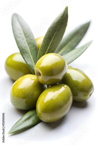 Close-up of olives with olive leaves, isolated on white