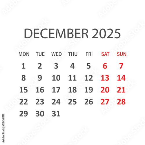 Calendar december 2025 icon in flat style. Planner vector illustration on isolated background. Calender sign business concept.