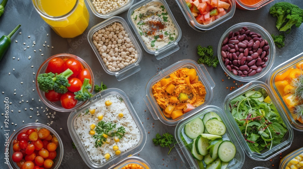 Colorful containers hold an array of fresh vegetables, grains, and legumes, perfect for creating balanced meals throughout the week Colorful containers hold an array of fresh vegetables, grains, and legumes, perfect for creating balanced meals throughout the week