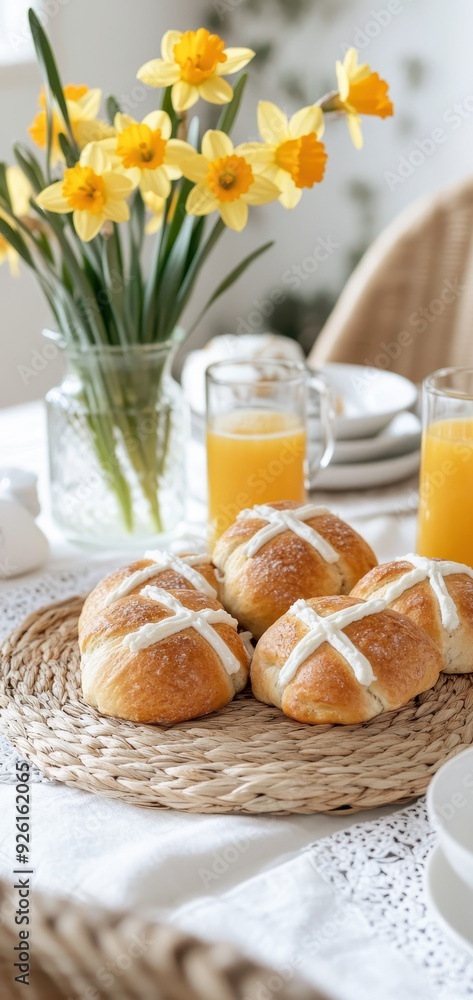 Hot cross buns arranged neatly on a woven plate with beverages and flowers nearby Hot cross buns arranged neatly on a woven plate with beverages and flowers nearby