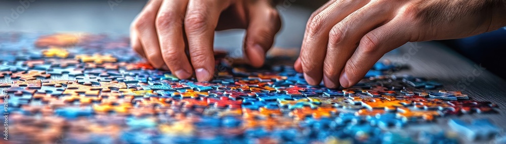 Fototapeta premium Person working on a detailed puzzle, illustrating the focus and satisfaction found in this relaxing hobby
