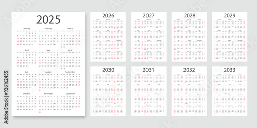 Calendar grids from 2025 to 2033 icon in flat style. Planner vector illustration on isolated background. Calender sign business concept.