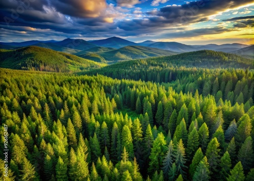 Breathtaking aerial view of vibrant green pine forest blending with dark spruce trees, covering rolling mountain hills in a serene northern woodland landscape.