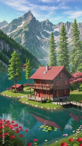 Seamless looping 4k time-lapse animation of a cozy alpine cabin by a serene lake, surrounded by vibrant flowers and towering mountains. Nature escape concept.