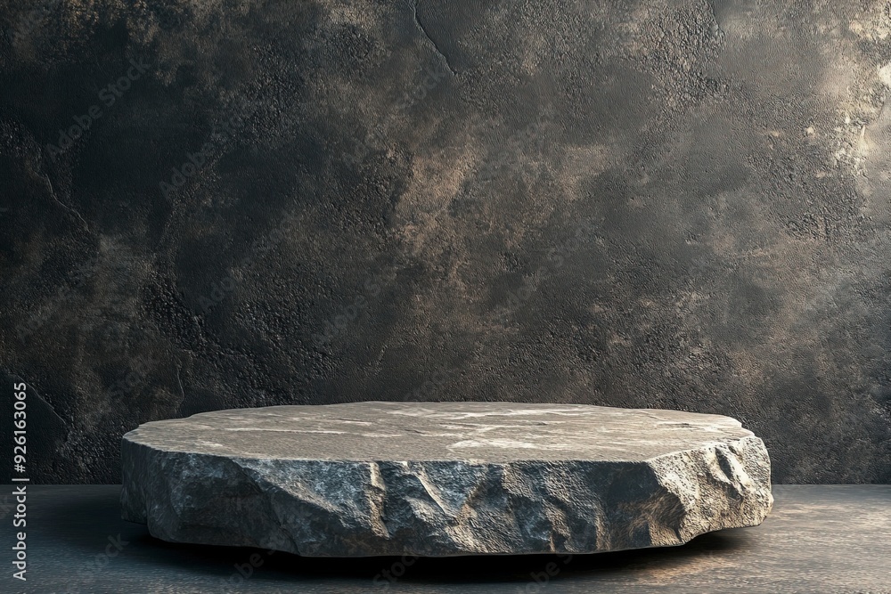 Stone Rock Podium isolated on Dark cement Wall Studio light Backgrounds well stage stand Display products presentation. Generative ai Stone Rock Podium isolated on Dark cement Wall Studio light Backgrounds well stage stand Display products presentation. Generative ai