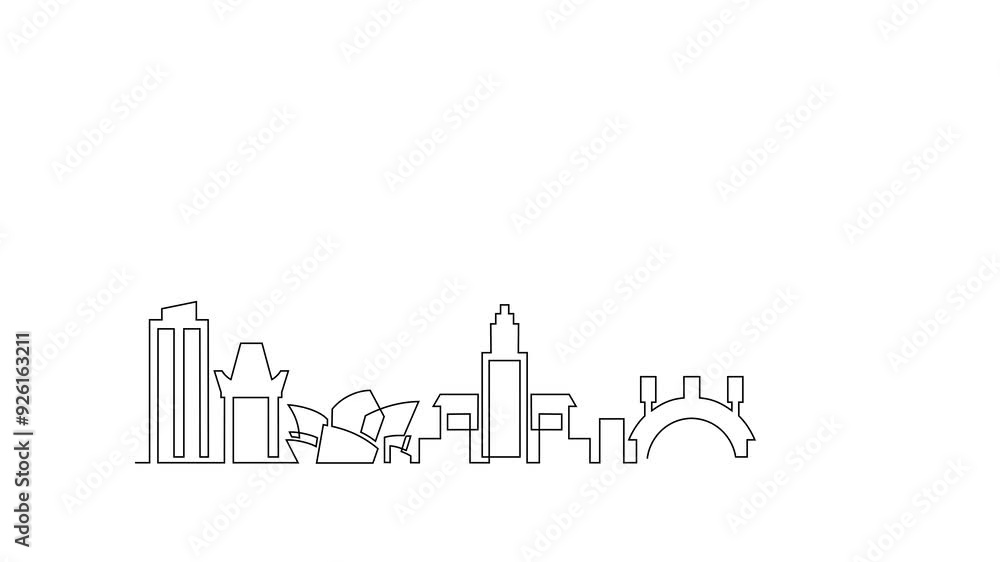 Animated self drawing of Los Angeles skyline video design illustration. Modern city in USA in simple linear style video design concept. Big city in USA. Iconic architectural skyline building design. Animated self drawing of Los Angeles skyline video design illustration. Modern city in USA in simple linear style video design concept. Big city in USA. Iconic architectural skyline building design.