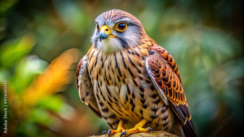 Intense gaze of a small falcon, warm golden feathers and sharp talons, sitting regally on a perch, showcasing its fierce and majestic beauty. Intense gaze of a small falcon, warm golden feathers and sharp talons, sitting regally on a perch, showcasing its fierce and majestic beauty.