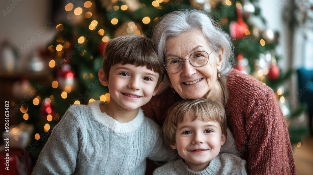 A woman and two boys in front of a christmas tree, AI A woman and two boys in front of a christmas tree, AI