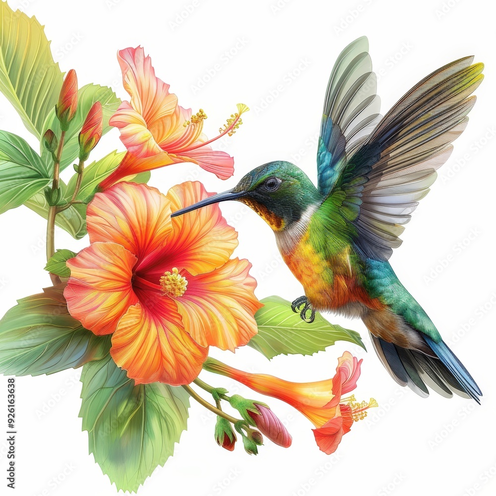Fototapeta premium Hummingbird with Hibiscus Flowers.