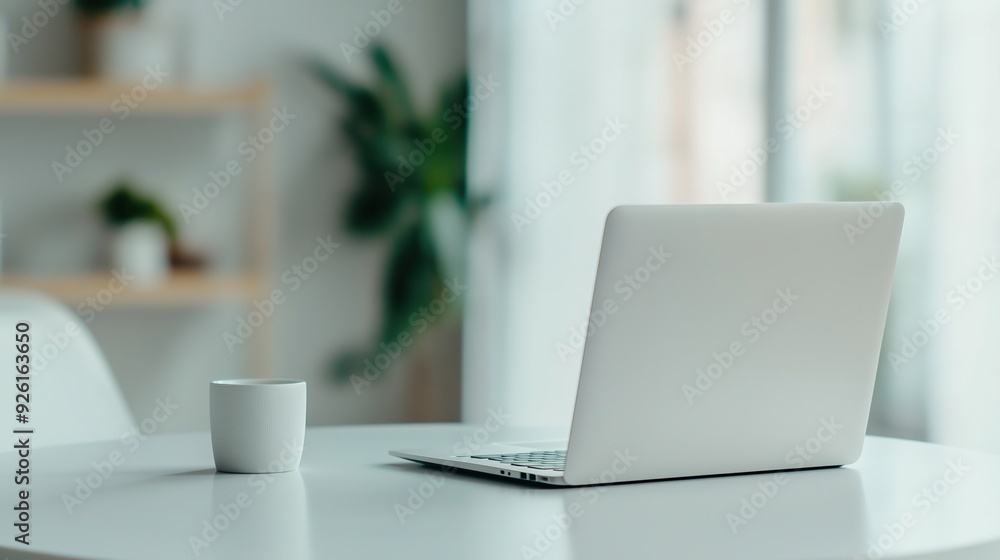 Modern workspace setup with a laptop, Ideal for illustrating productivity and minimalism in a professional setting	