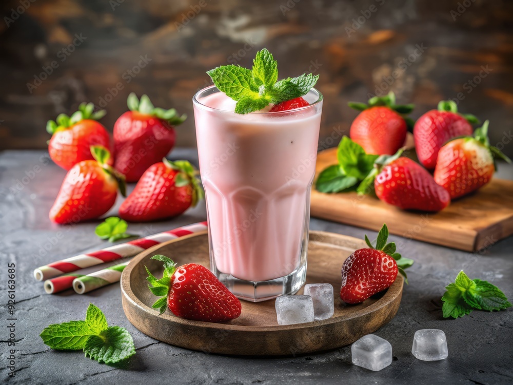Fresh strawberries and cold milk blend together in a creamy pink beverage, garnished with a sprig of green and served over ice in a tall glass. Fresh strawberries and cold milk blend together in a creamy pink beverage, garnished with a sprig of green and served over ice in a tall glass.