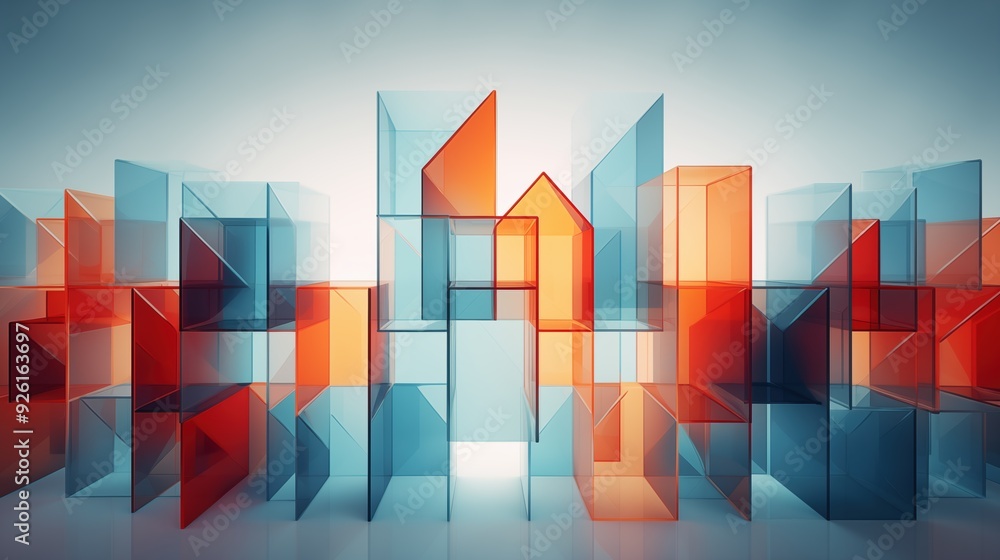 An abstract composition of transparent glass-like geometric shapes in shades of blue and orange, creating a modern and artistic visual effect. An abstract composition of transparent glass-like geometric shapes in shades of blue and orange, creating a modern and artistic visual effect.