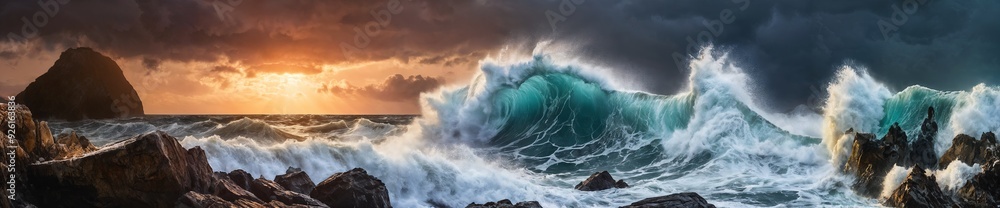 Obraz premium large blue wave crashing on the shore. Sun setting over the horizon. Rocky cliff.