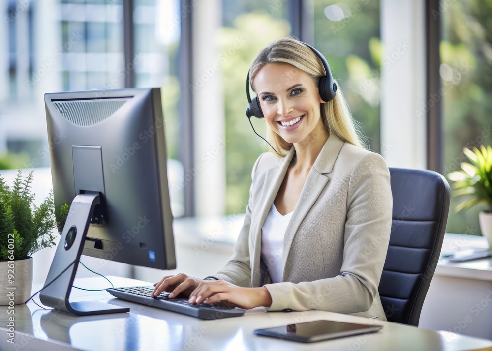 Friendly female digital support agent sits at a desk in a modern office, offering assistance and guidance through a computer screen, with a warm and welcoming smile. Friendly female digital support agent sits at a desk in a modern office, offering assistance and guidance through a computer screen, with a warm and welcoming smile.