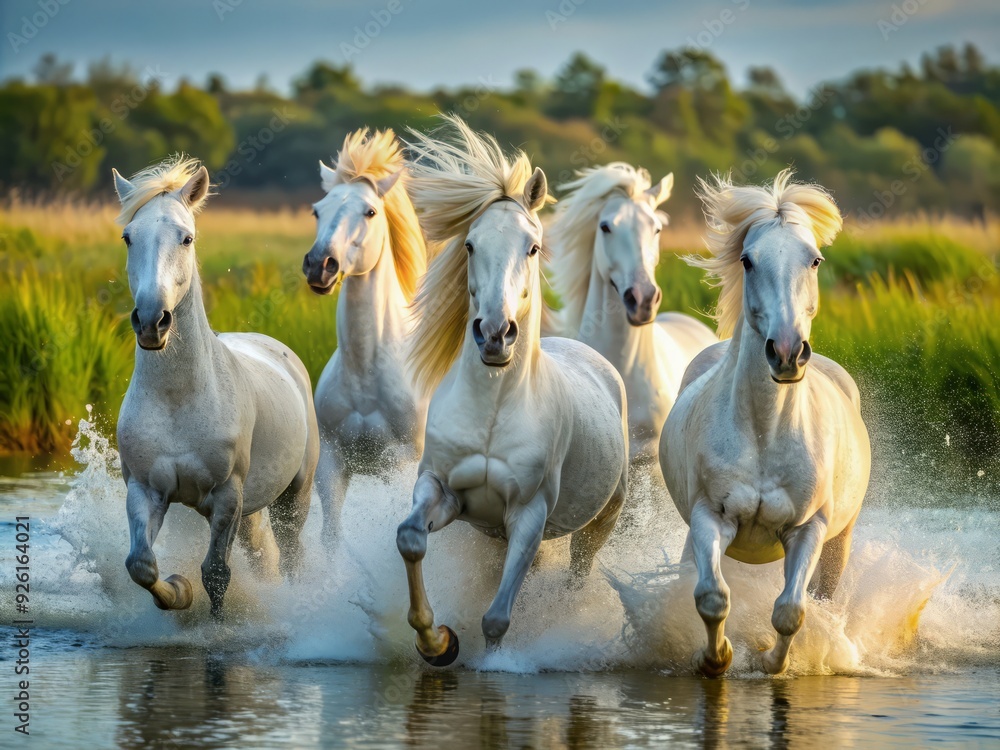 Majestic white wild horses run freely in the Camargue region of France, their manes flowing in the wind, surrounded by lush green wetlands and misty atmosphere. Majestic white wild horses run freely in the Camargue region of France, their manes flowing in the wind, surrounded by lush green wetlands and misty atmosphere.
