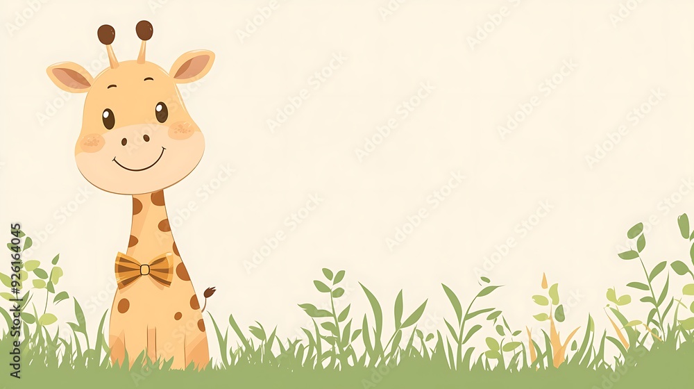 Cute Cartoon Giraffe with Bowtie in Grass Patch - Vector Illustration with Copy Space | Light Brown and Green Color Scheme for Banner, Poster, Card Design Cute Cartoon Giraffe with Bowtie in Grass Patch - Vector Illustration with Copy Space | Light Brown and Green Color Scheme for Banner, Poster, Card Design
