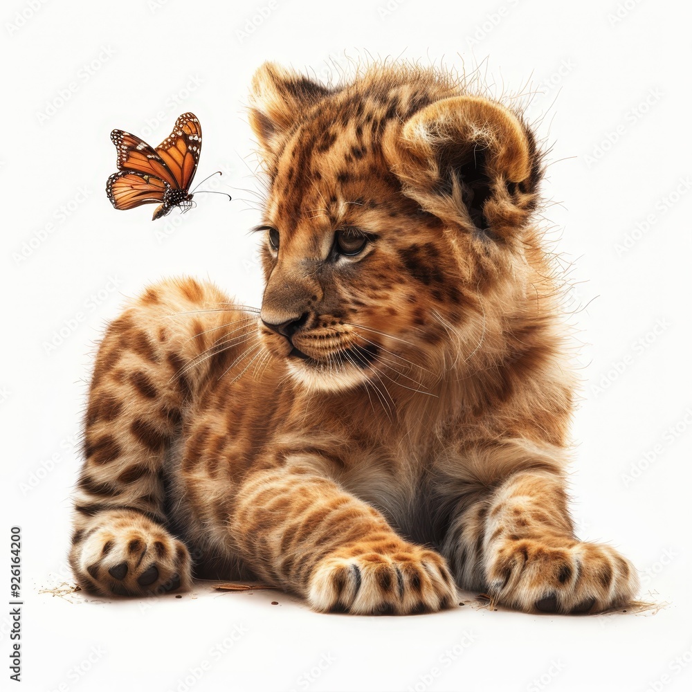 Obraz premium Curious Leopard Cub with Butterfly.