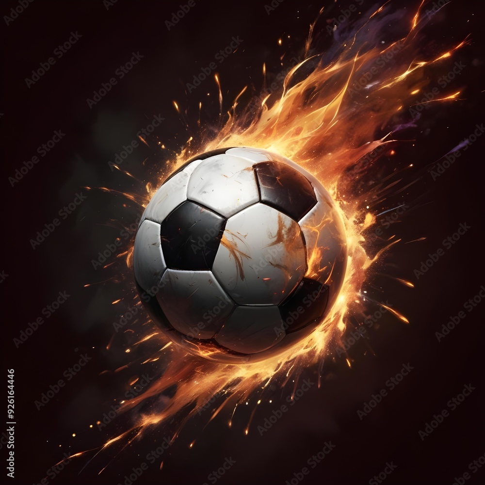 Fototapeta premium A flaming soccer ball in motion, surrounded by explosive fireworks and sparks against a dark background