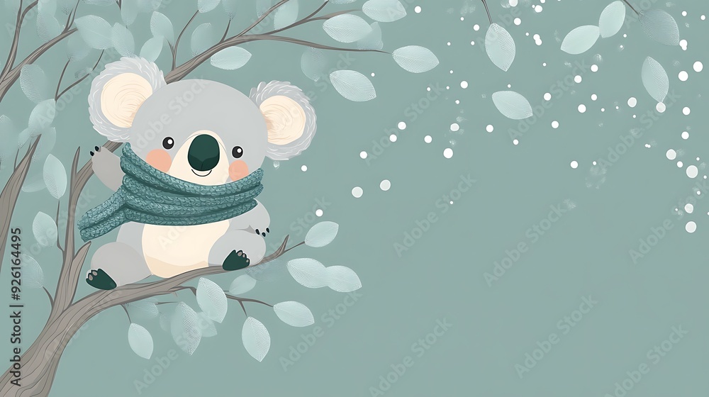 Fototapeta premium Cute Cartoon Koala Hanging on Eucalyptus Tree - Vector Illustration with Copy Space, Gray and Green Color Scheme for Banner or Poster Design