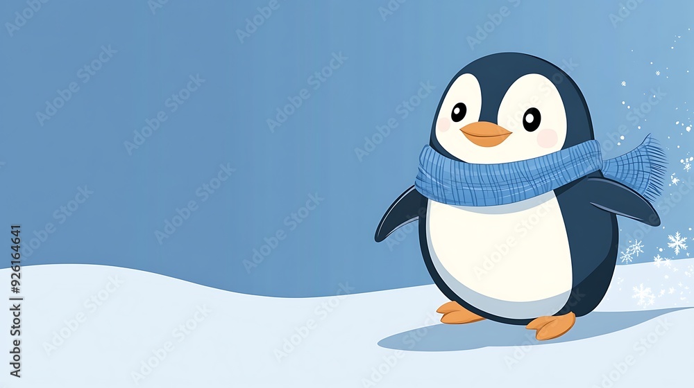 Naklejka premium Adorable Penguin Sliding on Ice - Winter Wonderland Cartoon Vector Illustration for Banner or Card with Copy Space