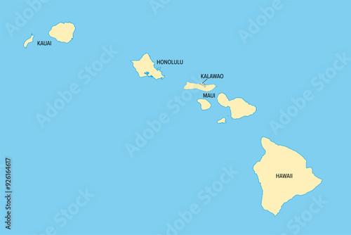 Hawaii, U.S. state, political map county names. Island state of the United States in the Pacific Ocean, subdivided into the 5 counties Hawaii, Honolulu, Kalawao, Kauai and Maui. Nicknamed Aloha State.