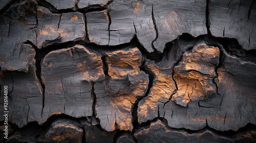 Detailed close-up of charred wood texture with cracks and dark coloration illuminated by soft light