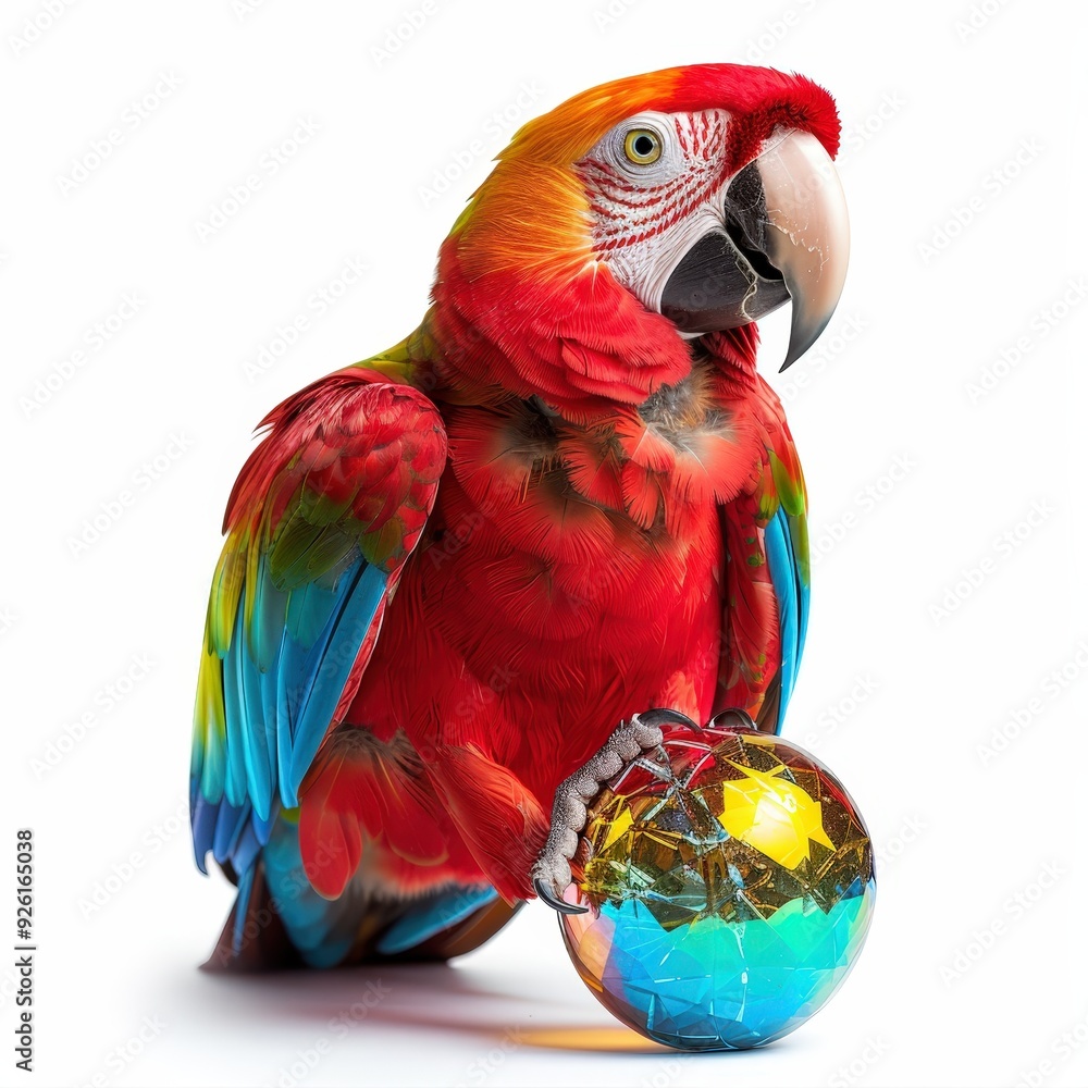 Obraz premium Scarlet Macaw Holding Colorful Ball.