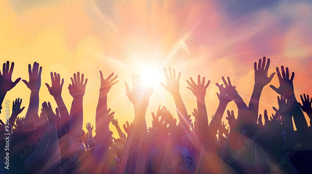 A crowd of various people are raising their two hands to the air to praise the Lord and gathered around a wooden cross settled at a mound among the cloudy sky. Religion and faith in God. A crowd of various people are raising their two hands to the air to praise the Lord and gathered around a wooden cross settled at a mound among the cloudy sky. Religion and faith in God.