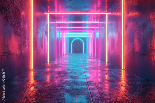 A mesmerizing 3D render of an abstract technology background features glowing lines, a tunnel adorned with neon lights, and a vibrant pink and blue spectrum, creating a virtual reality experience wit