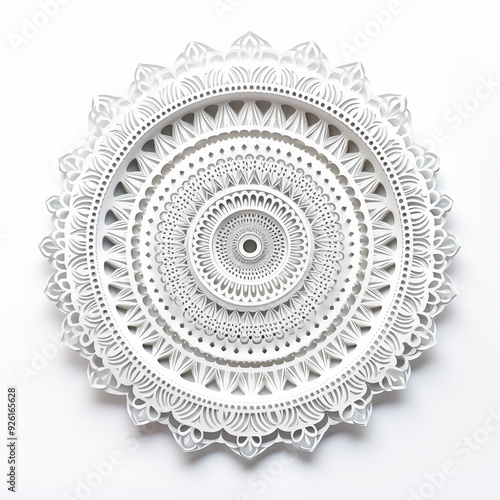 Minimalist mandala artwork. A beautifully crafted white paper mandala with intricate patterns and layers, showcasing delicate cut-out designs. 