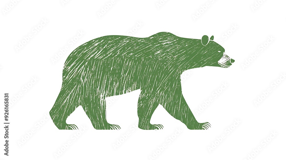 Fototapeta premium Minimalist Green Bear Linocut Print on White Background - Simple and Elegant Animal Artwork