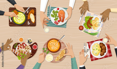 Various hands are shown enjoying an assortment of meals on a wooden table, each with a unique dish. The scene is depicted in a colorful, detailed graphic style. Concept of diversity and culinary